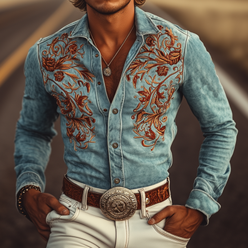 Klassisches amerikanisches Retro-Western-Langarmhemd aus Wildleder mit Stickerei für Herren