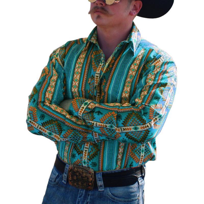 Herren-Langarmhemd mit Western-Cowboy-Streifenmuster und Aufdruck