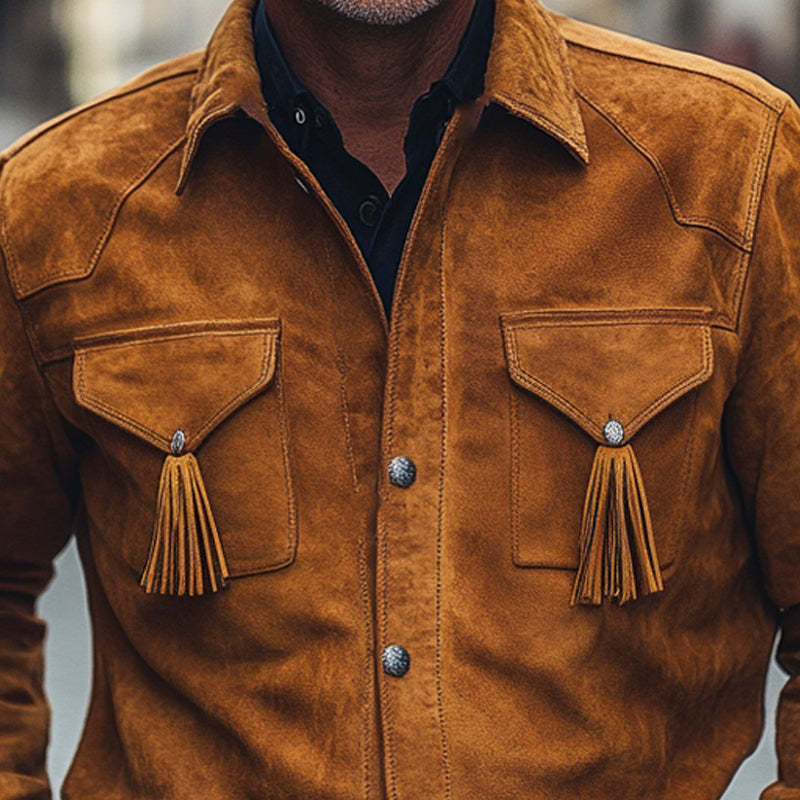 Herren Frühling und Herbst Retro Quaste Wildleder Langarmhemd