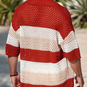 Men's Striped Short Sleeve Knit Cardigan