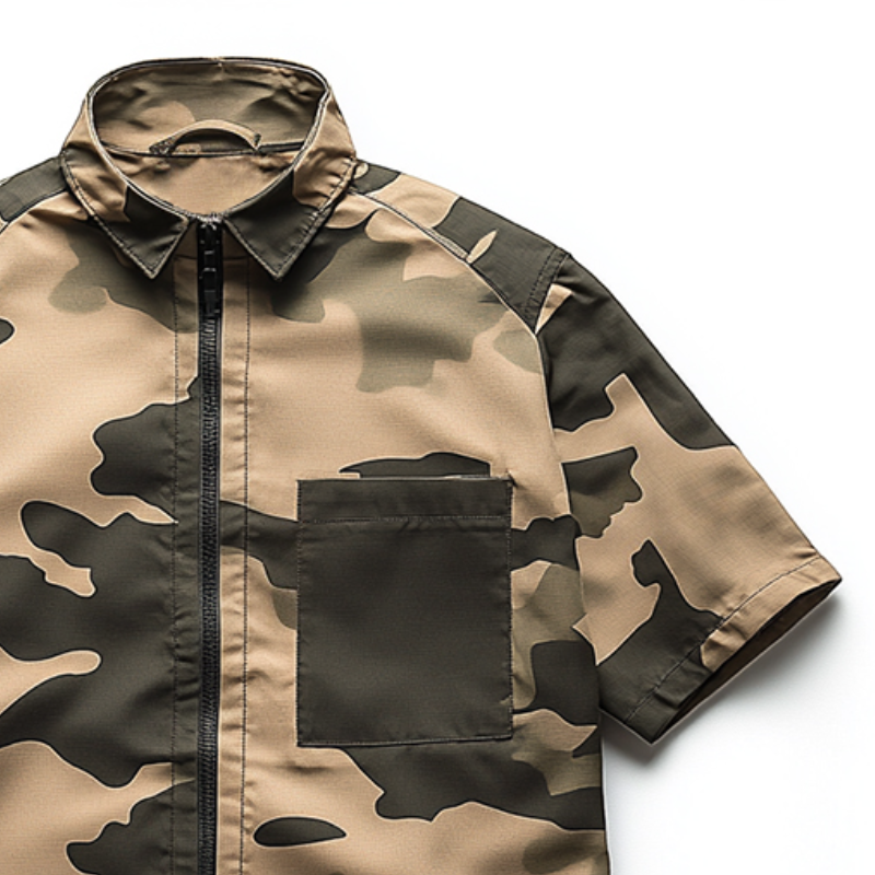 Men's Retro Casual Camouflage Print Lapel Zipper Short Sleeve Shirt