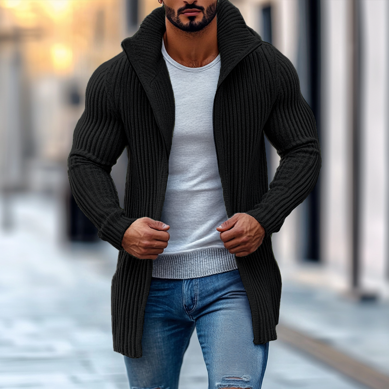 Modischer Herren-Strickpullover mit Stehkragen, einfarbig, gestreift, langen Ärmeln und mittlerer Länge