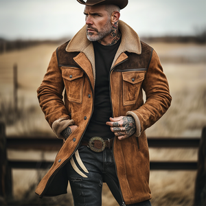 Herren Vintage Wildleder Patchwork Lamm Fleece Multi-Pocket Reverse Collar Outdoor Jacke Mantel