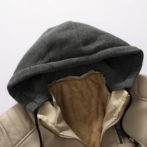 Herren Vintage Kapuzenfleece Warm Reißverschluss Slim Fit Lederjacke