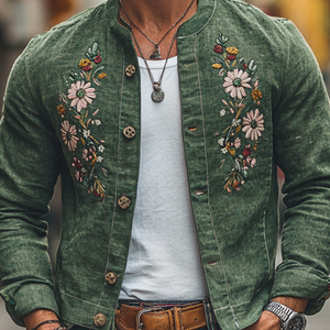 Men's Casual Linen Floral Embroidery Round Neck Single Breasted Slim Fit Jacket