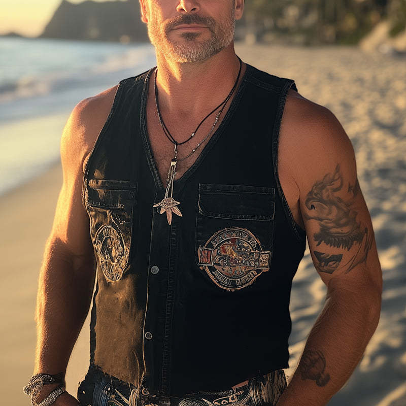 Men's Summer Retro Washed Distressed Denim Embroidered Vest