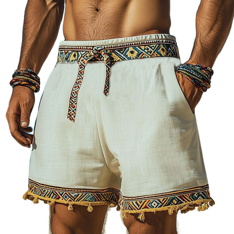 Sommer-Shorts aus Baumwolle und Leinen mit Retro-Stickerei für Herren