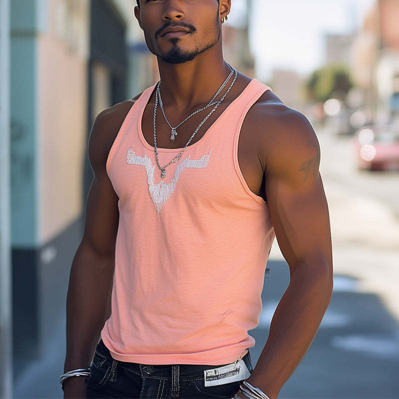 Lässiges Tanktop für Herren mit Rundhalsausschnitt und rosa Stickerei für den Sommer