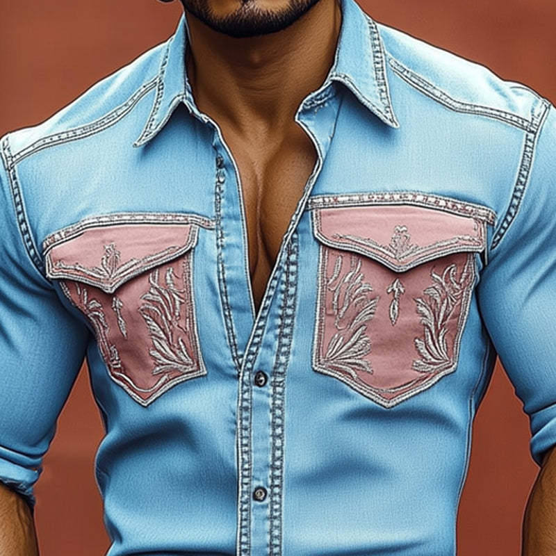 Herrenhemd im Vintage-Western-Cowboy-Stil mit Stickerei und Knopfleiste
