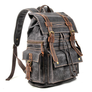 Men's Vintage Beeswax Canvas Outdoor Leather Multi-Pocket Backpack