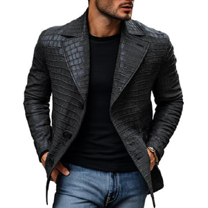 Herren Blazer mit Vintage-Steinmuster und fallendem Revers im Slim Fit aus Leder