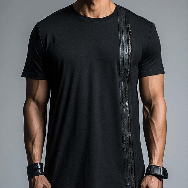 Lässiges Herren-T-Shirt aus Baumwolle und Leder mit Reißverschluss und kurzen Ärmeln