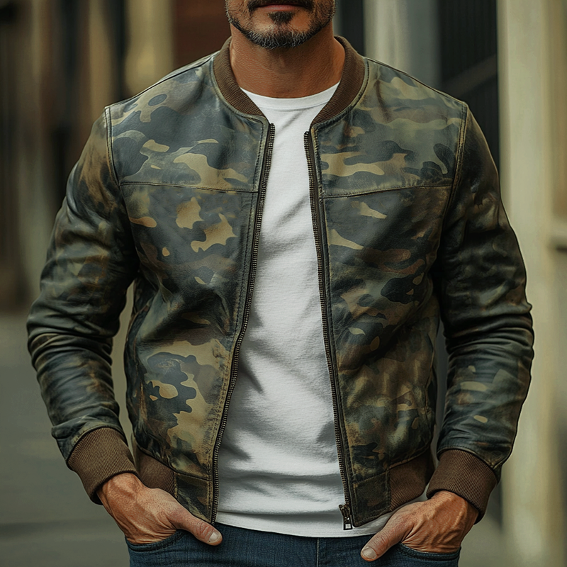 Men's Casual Camouflage Baseball Leather Jacket