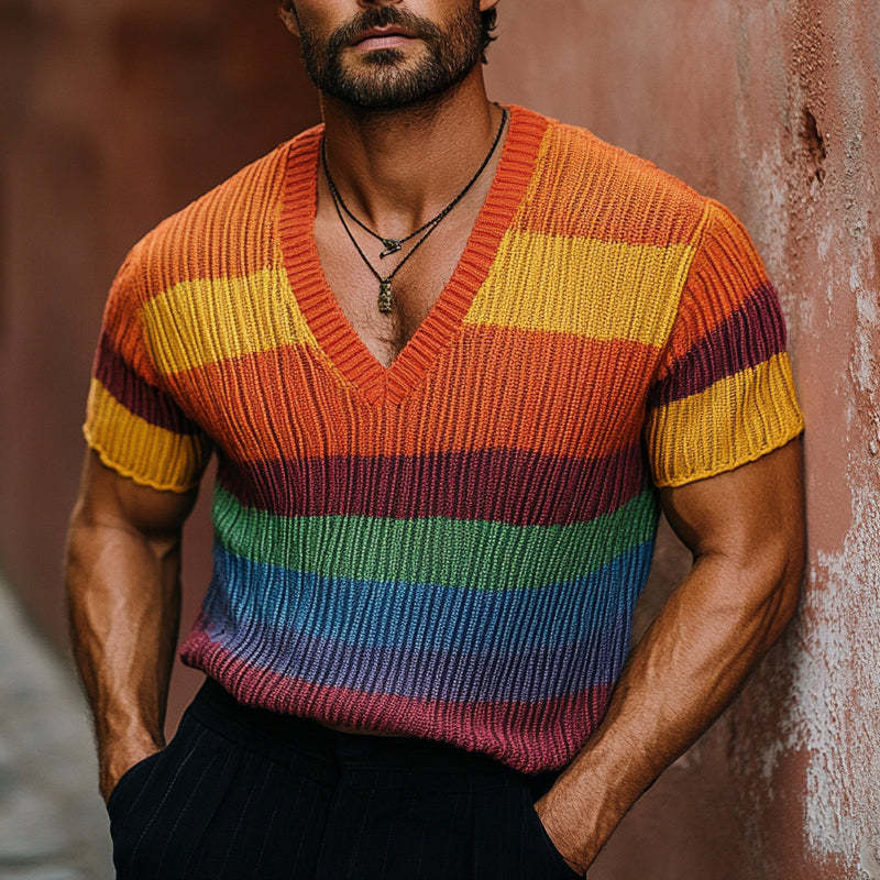 Men's Rainbow Knit V-Neck Short Sleeve Sweater T-Shirt