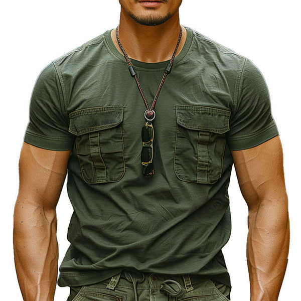 Herren-T-Shirt mit lässigem, kurzärmeligem Taschenmuster in Armeegrün