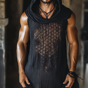 Men's Vintage Casual Linen Flower Of Life Printed Hooded Long Sleeveless Shirt