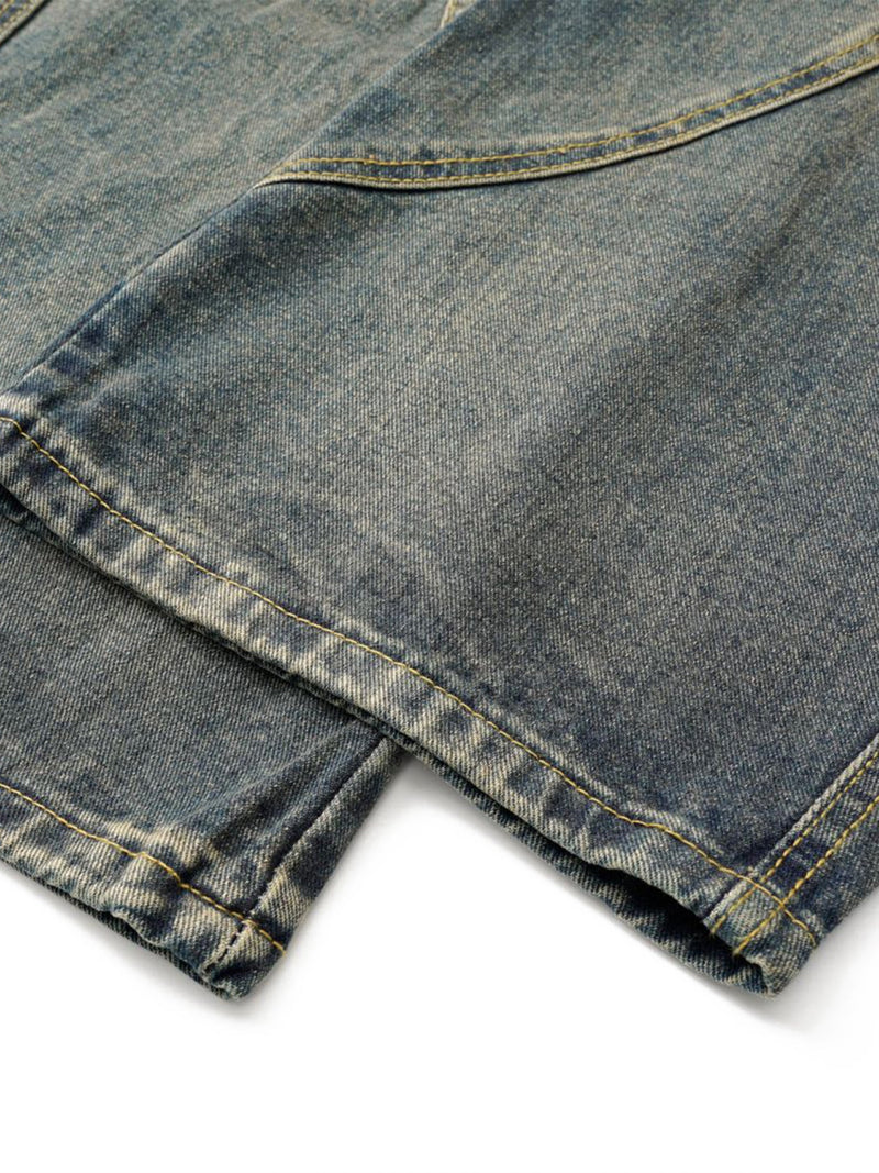 Washed Distressed Split Drawstring Barrel Jeans