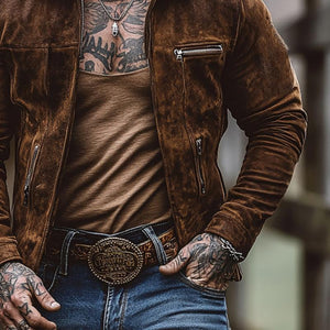 Herrenjacke aus massivem Wildleder mit Reißverschluss und Brusttasche und Revers