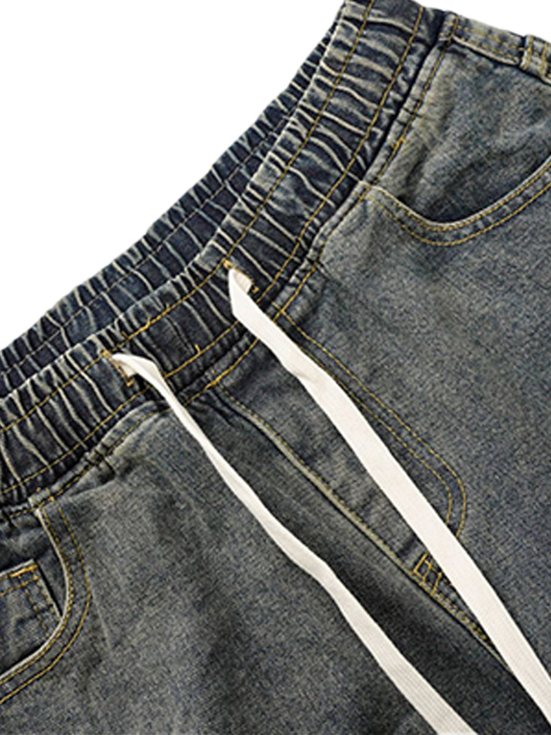 Washed Distressed Split Drawstring Barrel Jeans