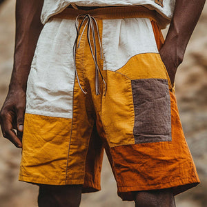 Men's Stylish Contrast Color Patchwork Linen Shorts