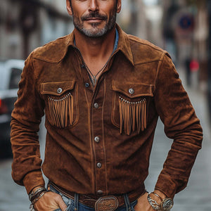 Men's Brown Vintage Lapel Tassel Suede Shirt