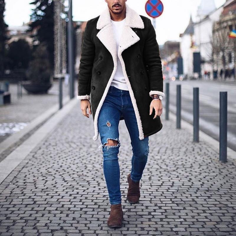 Men's Vintage Suede Polar Fleece Warm Notch Lapel Double Breasted Coat