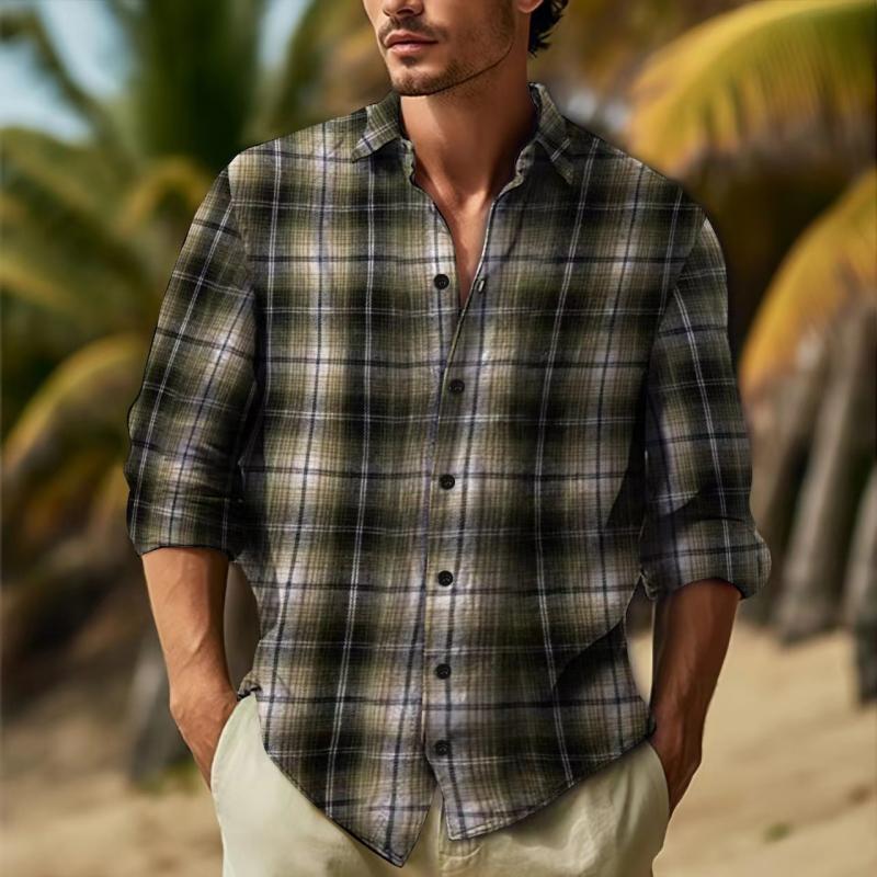Men's Casual Plaid Lapel Long Sleeve Shirt
