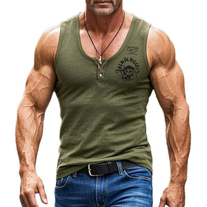 Men's Army Green V-Neck Printed Slim Fit Tank Top