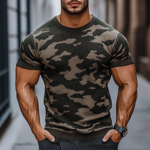 Men's Outdoor Camouflage Jacquard Round Neck Slim Fit Knitted Short Sleeve Sweater T-Shirt