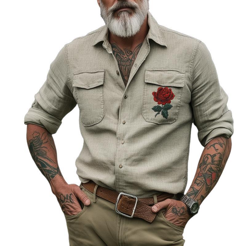 Herren Retro Casual Western Cowboy Besticktes Langarmhemd
