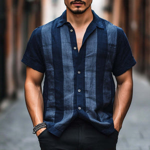 Herren-Leinenhemd mit Revers und Retro-Streifenmuster, kurzärmlig