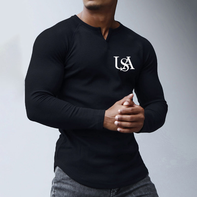 USA WAFFLE GRAPHIC HENLEY NECK LONG SLEEVE T-SHIRT