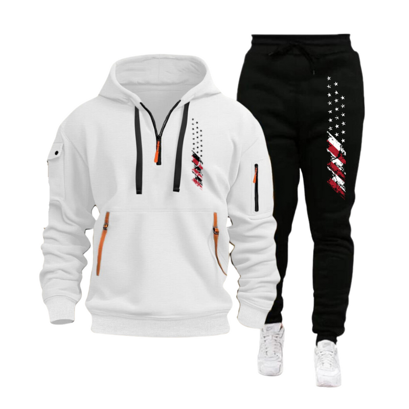 USA FLAG SPORTS HOODIE SET MEN'S MULTI POCKET ZIPPER HOODED SWEATSHIRT SPORTS SUIT SET