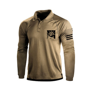 Langarm-Poloshirt mit 1/4-Knopf-Raglan-Motiv und Freiheitsstatue