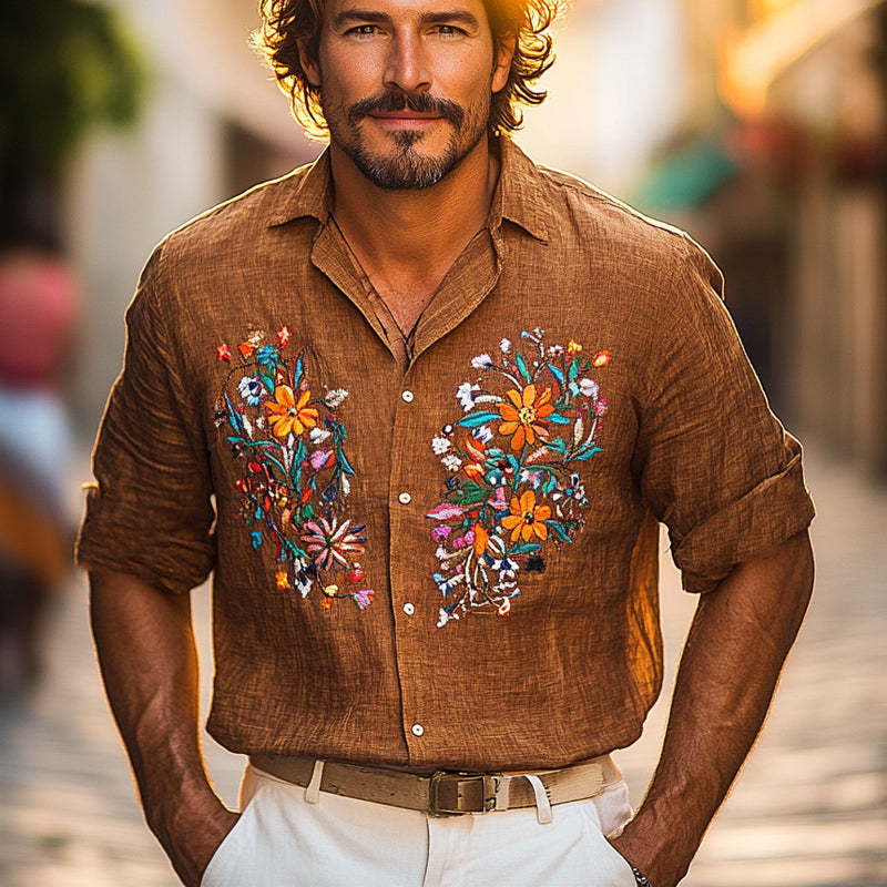 Lässiges Langarmhemd aus Baumwolle und Leinen im Vintage-Stil für Herren