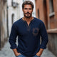 Men's Navy Blue Cotton And Linen Vintage Embroidery V-Neck Long Sleeve T-Shirt