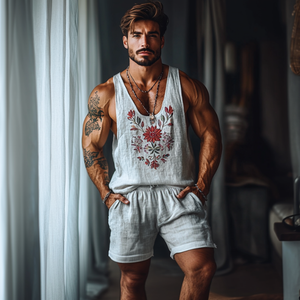 Men's Casual Linen Flower Embroidery U-Neck Loose Tank Top Elastic Waist Shorts Set
