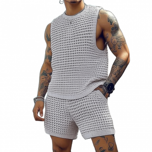 Men's Casual Round Neck Loose Tank Top Elastic Waist Shorts Knitted Set