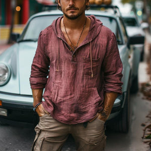 Herren-Vintage-Kapuzenpullover aus Baumwolle und Leinen mit Brusttasche