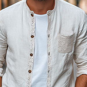 Men's Spring Fashion Lace Pocket Stitching Cotton And Linen Long Sleeve Shirt