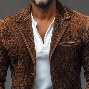Men's Vintage Leopard Suede Notch Lapel Multi-pocket Single Breasted Blazer
