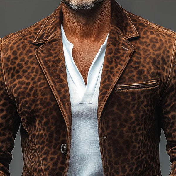 Herren-Blazer im Vintage-Stil aus Wildleder mit Leopardenmuster und Revers, mehrere Taschen, einreihig