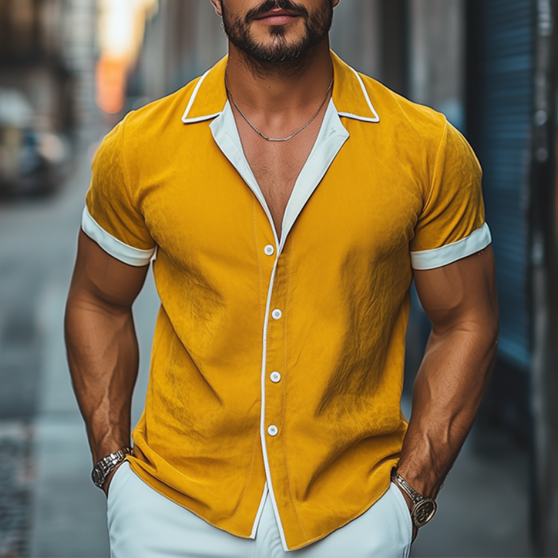 Herren Frühlings- und Sommermode Slim Kontrastfarbe Revers Tencel Baumwolle Kurzarmhemd