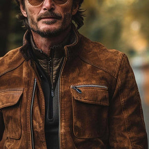 Herrenjacke aus Wildleder im Vintage-Stil mit Stehkragen und Reißverschluss