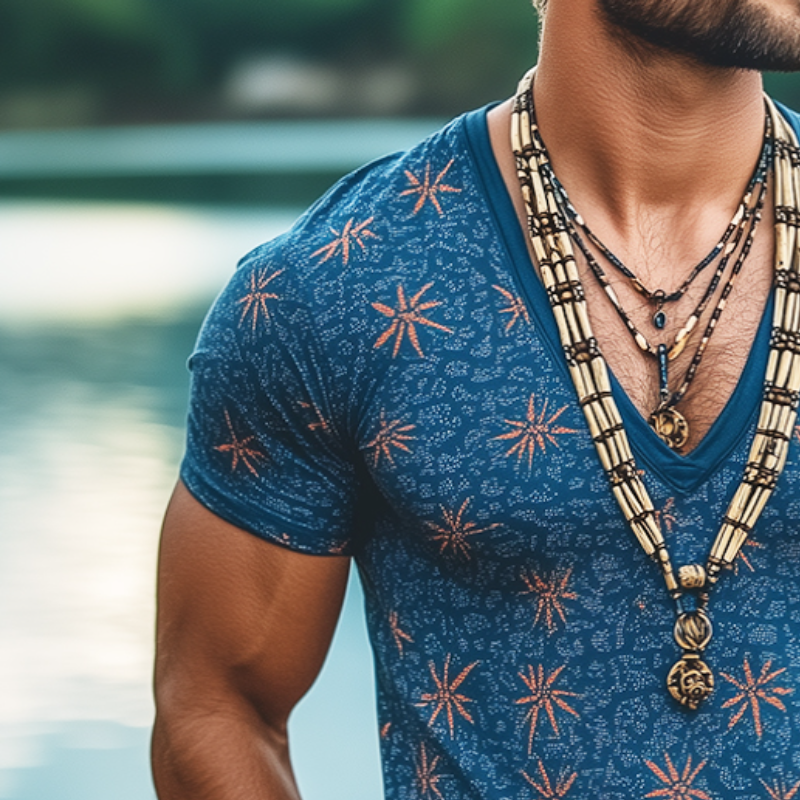 Men's Retro Casual Floral Print V-Neck Short Sleeve T-Shirt