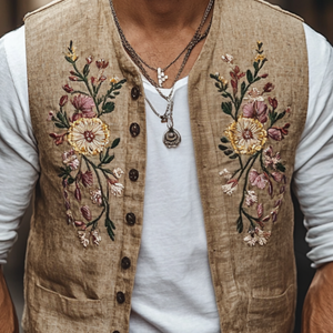 Men's Casual Linen Floral Embroidery Single Breasted Slim Fit Suit Vest