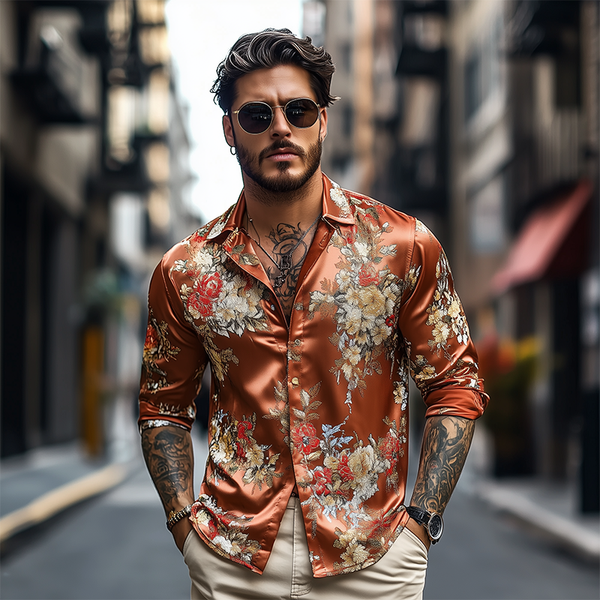 Herren Frühling und Sommer Modisches Retro Bedrucktes Satin Langarmhemd