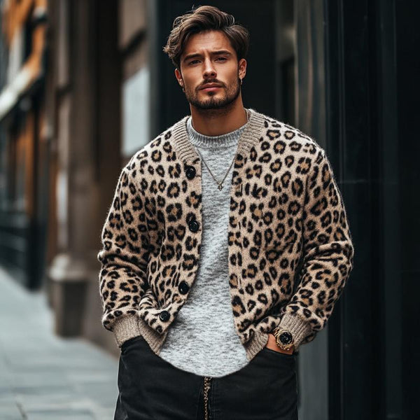 Men's Vintage Leopard Jacquard Colorblock Single Breasted Cardigan