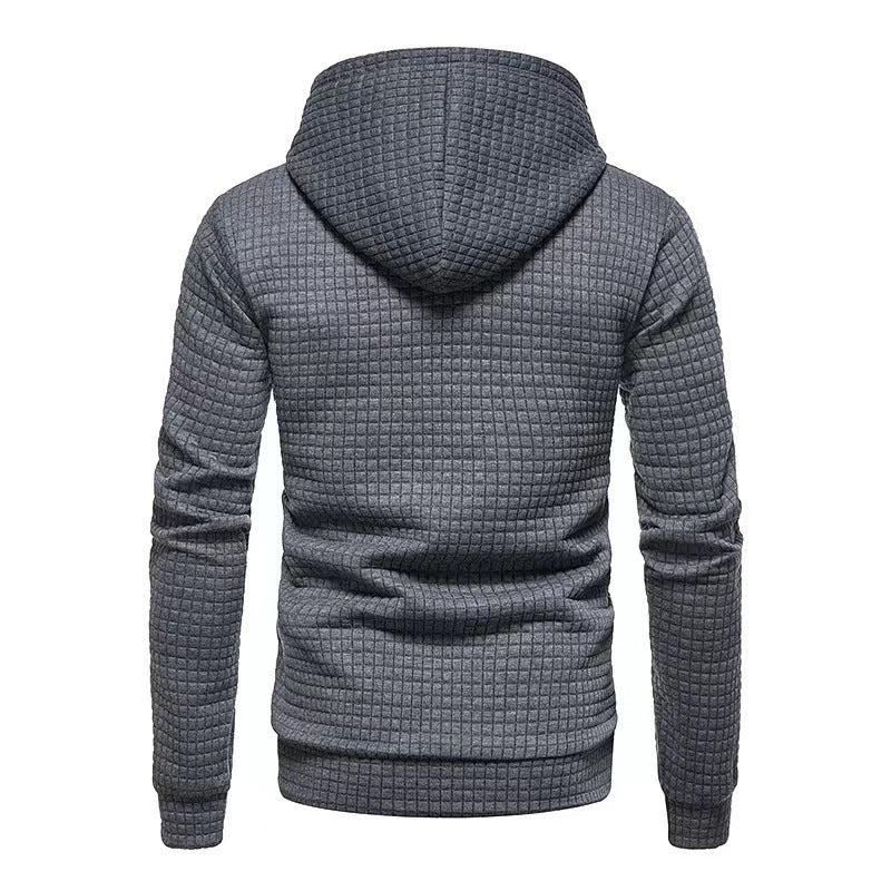 MEN'S CASUAL LARGE POCKET PULLOVER, SMALL SQUARE JACQUARD SOLID COLOR HOODED SWEATSHIRT