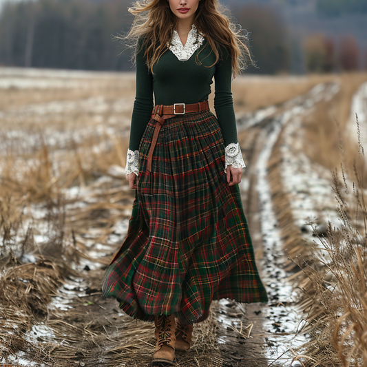 Women's Retro Plaid V-neck Long-sleeved Long Skirt Pastoral Style Dress